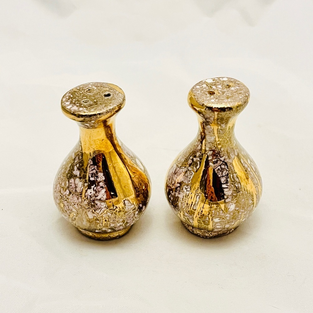MCM Gold Purple Drip Glaze Ceramic Salt/Pepper Shakers, No Stoppers, VTG